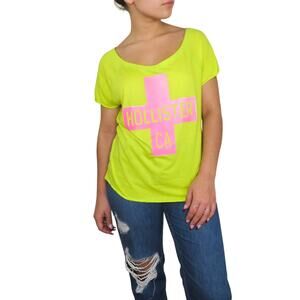 Y2k Hollister Neon Graphic Tee with Pink Cross & Logo Small